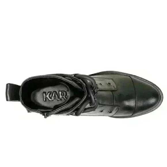 ❤️KARL LAGERFELD PARIS NIB Pepper Rhinestone Curb Link Combat Boots size 5 Black - Picture 5 of 8